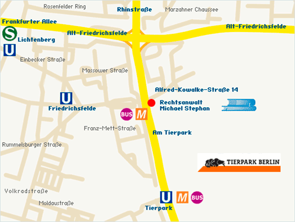 Anfahrtskarte zur Kanzlei in Berlin-Fridrichsfelde